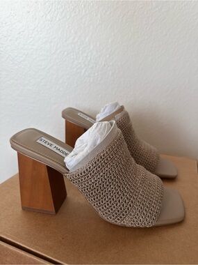 Steve Madden Taupe Knit Block Heel Mules with Wooden Heel NIB